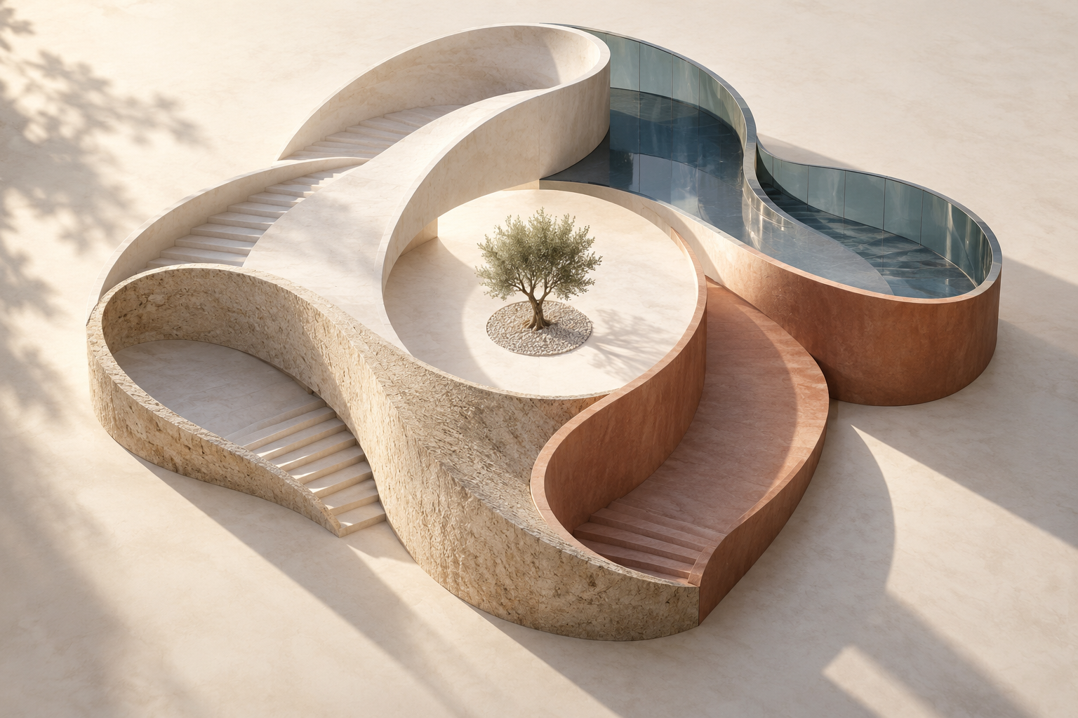 Percorsi curvi in materiali diversi — pietra, travertino, terracotta e acqua — che convergono verso un unico spazio centrale con un albero